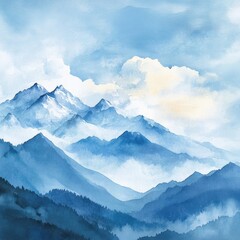 Fototapete - Mountains bathed in blue hues under soft clouds in a tranquil landscape during daytime. Generative AI