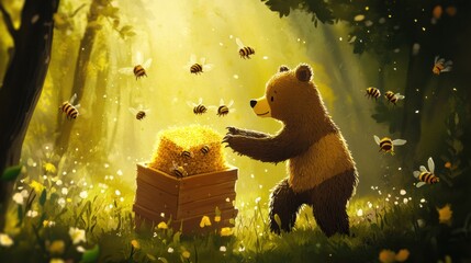 Poster - Bear gathers honey in a sunlit forest surrounded by buzzing bees in a cheerful atmosphere. Generative AI
