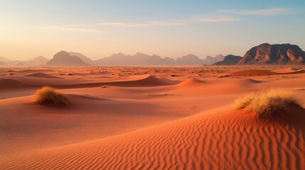 Aufkleber - Vast desert landscape features golden sand dunes and distant mountains during sunset hours in a tranquil setting. Generative AI