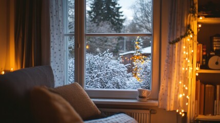 Wall Mural - Cozy winter evening viewed from indoors with snow and soft lighting outside. Generative AI