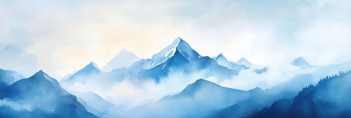 Aufkleber - Majestic mountain landscape enveloped in soft blue mist at dawn with snow capped peaks and rolling hills in the background. Generative AI