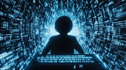 Hacker Silhouette Coding Cyber Tunnel Data Stream