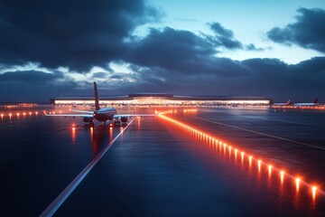 Aufkleber - airplane taxiing on wet runway near modern terminal during twilight in a busy airport environment. g