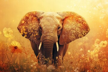 Poster - Majestic elephant standing amidst a field of vibrant wildflowers during golden hour in a serene nature setting. Generative AI