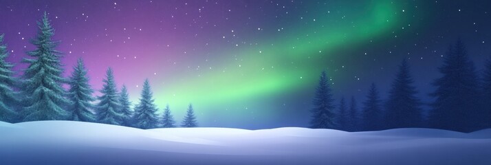 Aufkleber - Colorful northern lights illuminate a serene winter landscape with snow covered pines at night. Generative AI