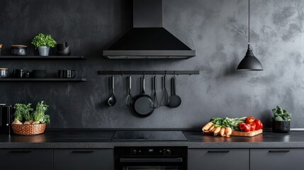 Wall Mural - Modern black kitchen interior, cooking tools hanging, vegetables on counter, dark wall