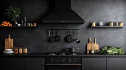 Wall Mural - Modern black kitchen, range hood, shelves, dark wall, cooking