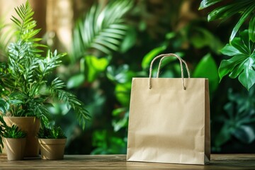 Aufkleber - Eco friendly paper bag standing in a lush indoor garden with greenery surrounding it for sustainable projects and branding. Generative AI