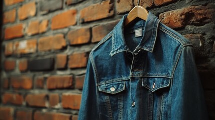 Aufkleber - Denim jacket hanging on rustic brick wall providing a stylish backdrop for fashion display and text. Generative AI