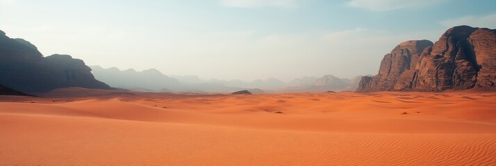 Aufkleber - Vast desert landscape with golden sands and distant mountain peaks under soft sunlight. Generative AI