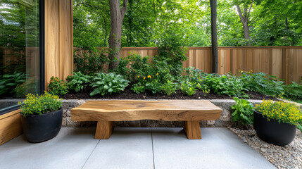 Wall Mural - serene outdoor garden featuring wooden bench surrounded by lush greenery