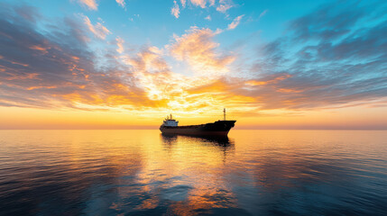 Sticker - cargo ship silhouetted against vibrant sunset over calm waters