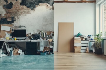 Wall Mural - Cluttered workspace contrasts with organized environment in a split interior view showcasing different approaches to space management. Generative AI