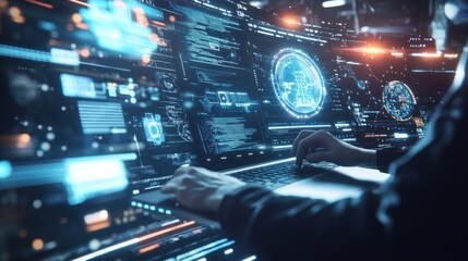 Hacker coding on laptop, futuristic interface, global data, dark room