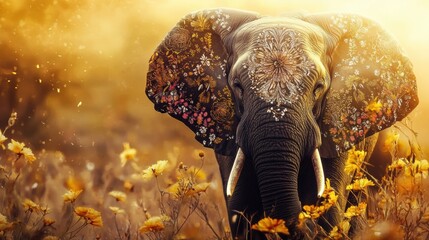 Fototapete - Majestic elephant adorned with colorful patterns stands amidst a field of golden flowers at sunset in an enchanting landscape. Generative AI