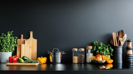 Wall Mural - Modern kitchen countertop, cooking ingredients, dark wall, recipe background, food blog