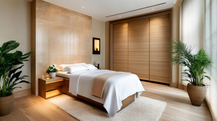 Wall Mural - serene bedroom with minimalist design featuring bed, plants, and warm tones