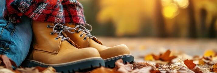 Poster - Autumn stroll with stylish boots on fallen leaves during golden hour in a serene park setting. Generative AI