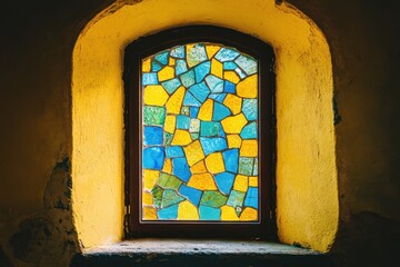 Stained glass window with blue and yellow colored stones