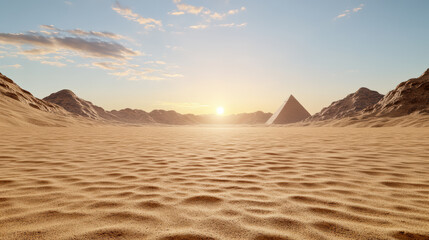 Wall Mural - vast desert landscape with towering pyramids at sunset, evoking tranquility