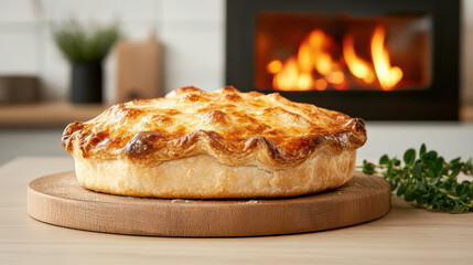 Sticker - Golden rustic pie baking in wood fired oven, surrounded by warm flames