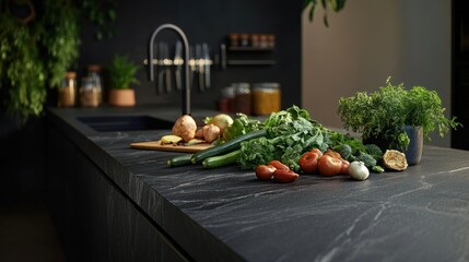 Wall Mural - Dark kitchen countertop vegetables prep cooking