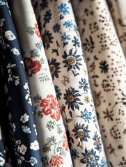 Leinwandbilder - Colorful close up of patterned fabrics featuring floral and geometric designs with space for text overlay. Generative AI