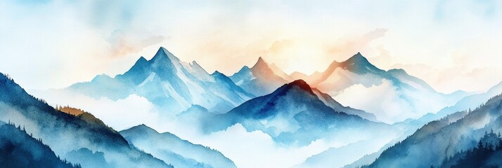 Fototapete - Majestic mountain landscape showcasing mist and sunrise over peaks in a serene atmosphere. Generative AI
