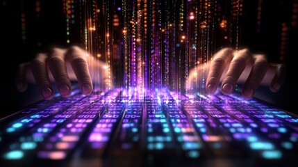 Hands coding, digital rain background, futuristic keyboard, software development