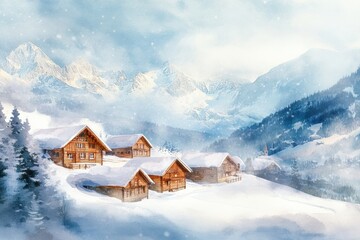 Leinwandbilder - Snow covered wooden cabins nestled in a serene mountain landscape during winter under a soft blue sky. Generative AI
