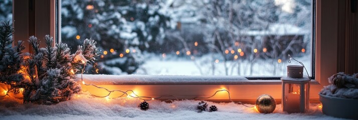 Poster - Cozy winter window view with glowing lights and decorated pine branches in a snowy setting during the holiday season. Generative AI