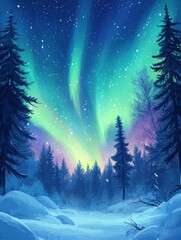 Aufkleber - Colorful northern lights illuminate winter landscape in tranquil forest setting at night. Generative AI