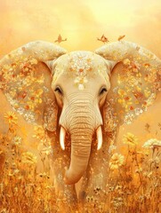 Aufkleber - Majestic elephant adorned with flowers in a golden sunset landscape. Generative AI