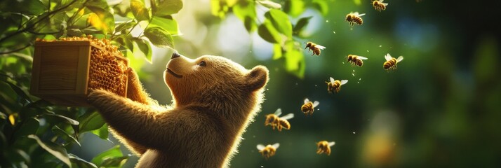 Poster - Playful bear interacts with bees while gathering honey in a lush forest setting during daytime. Generative AI