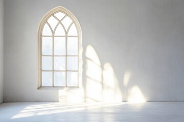 Wall Mural - Arched window casts light and shadow patterns on white wall