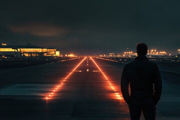 Poster - Man stands on runway at dusk, surrounded by airport lights and a cloudy sky. Generative AI