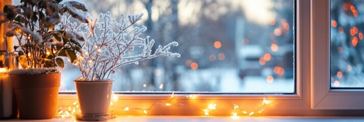 Aufkleber - Winter evening light shines through a window with snowy plants and decorations in a cozy indoor setting. Generative AI