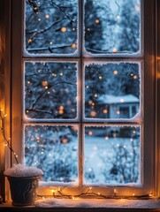 Poster - Winter wonderland view through a frosty window with glowing lights and a snowy landscape outside. Generative AI