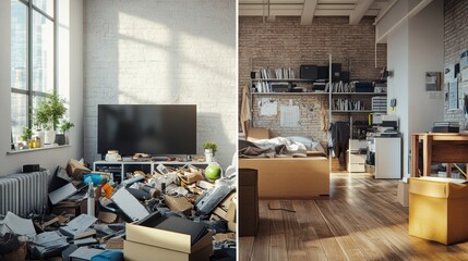 Aufkleber - Cluttered mess contrasted with organized and clean workspace showcasing the impact of environment on productivity. Generative AI