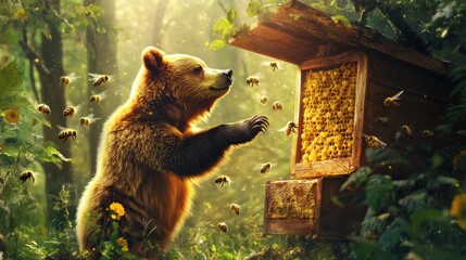 Poster - Bear interacting with a beehive in a lush forest during golden hour. Generative AI