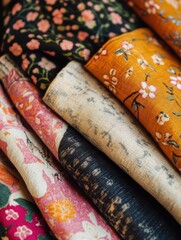 Poster - Patterns of vibrant fabrics featuring floral and geometric designs ideal for creative projects or textile displays. Generative AI
