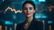 © LookChin AI - Successful Businesswoman Stands Before Rising Financial Charts in Futuristic Professional Setting