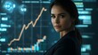 © LookChin AI - Successful Businesswoman Stands Before Rising Financial Charts in Futuristic Corporate Setting