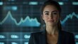 © LookChin AI - Confident Businesswoman Standing Before Futuristic Financial Charts and Graphs in Digital Corporate Setting