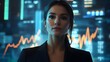 © LookChin AI - Confident Businesswoman Overlooking Futuristic Financial Charts in Professional Setting