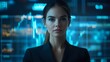 © LookChin AI - Confident Businesswoman Standing in Front of Futuristic Financial Analytics Dashboard