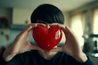 © R - Commercial promotion idea. Sign of love and affection. Youth valentine's day greeting card: juvenile boy with elated face holds red heart in hands. Emotional valentine's day mood board.