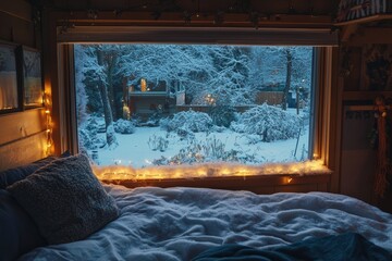 Wall Mural - Cozy bedroom view of a snowy winter landscape with fairy lights illuminating the window. Generative AI