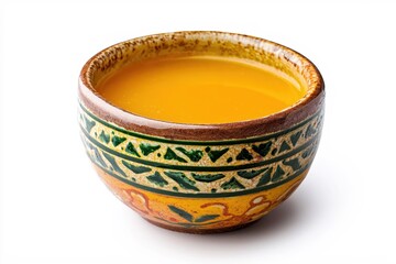 Golden liquid in decorative bowl against white background with vibrant colors and textures