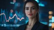 © LookChin AI - Confident Businesswoman Stands Before Rising Financial Charts in Futuristic Corporate Setting